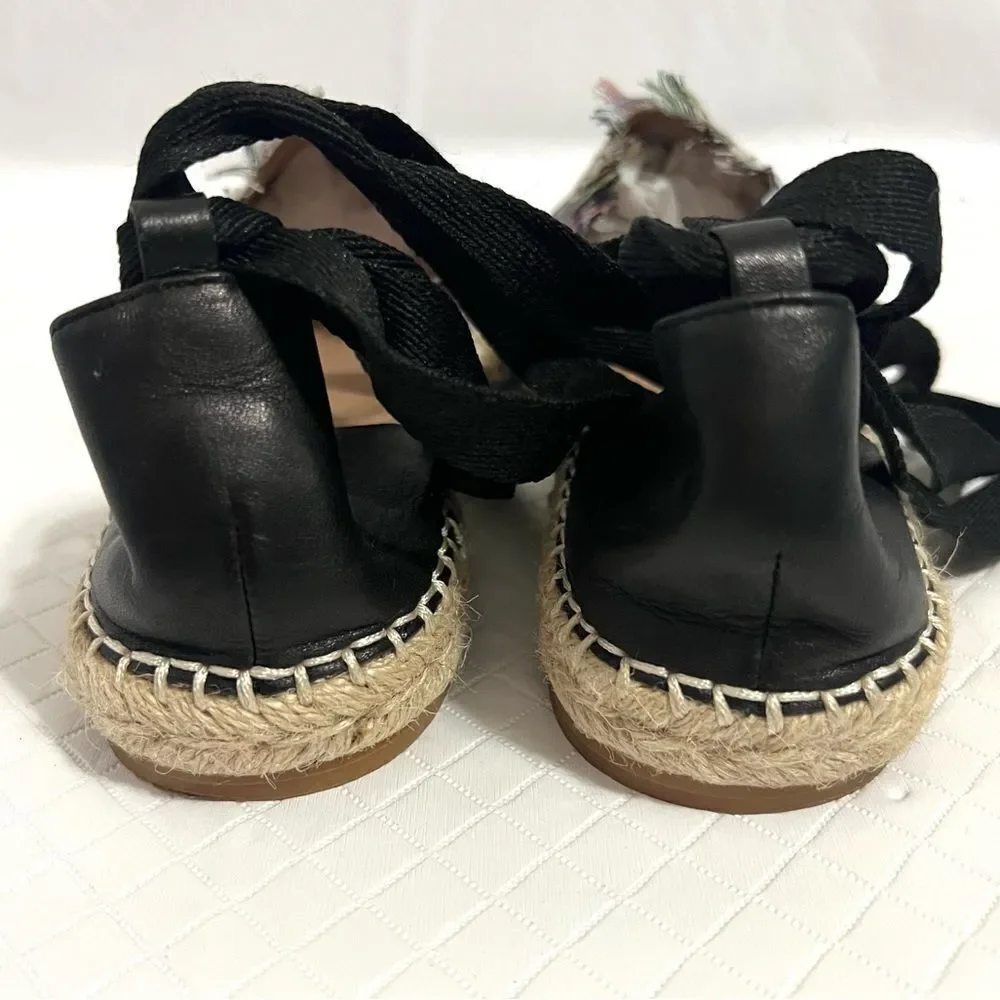 Caslon Lace Up Espadrille Striped Canvas Black Leather Capped Toe Flats Size 7.5